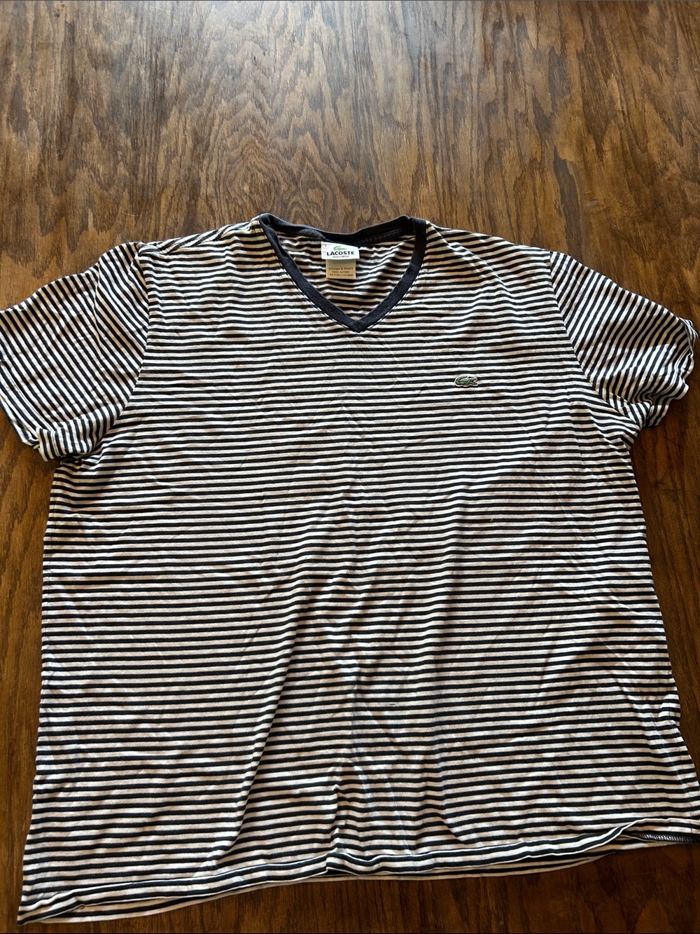 Lacoste Navy & White Striped V-Neck Short Sleeve Tee